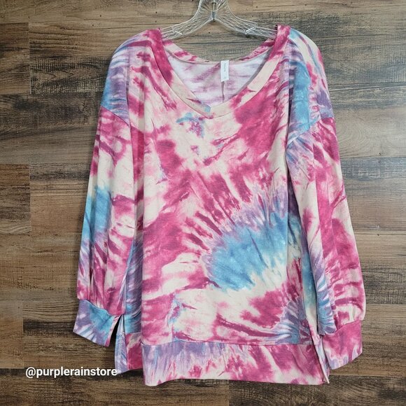 honeyme Tie Dye V Neck Sweatshirt M Soft Stretch Bright Colorful Art To Wear - Picture 1 of 10